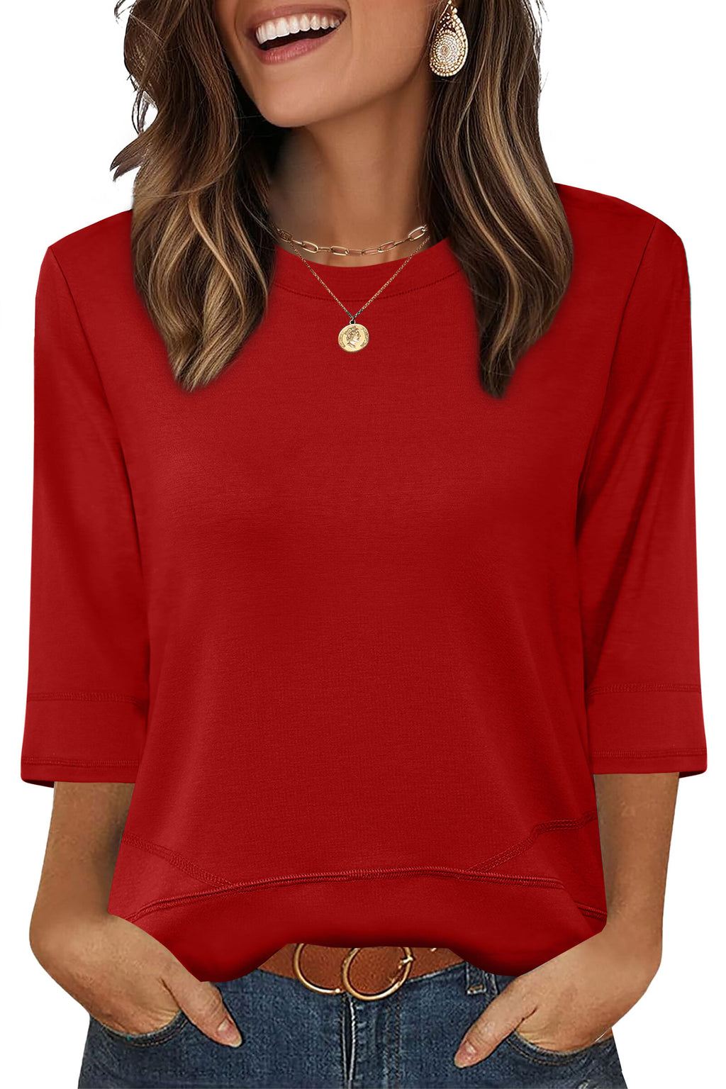 WIHOLL Womens Tunic Tops 3/4 Length Sleeve Blouses for Spring Summer Business Casual Side Slit Crewneck Outfits