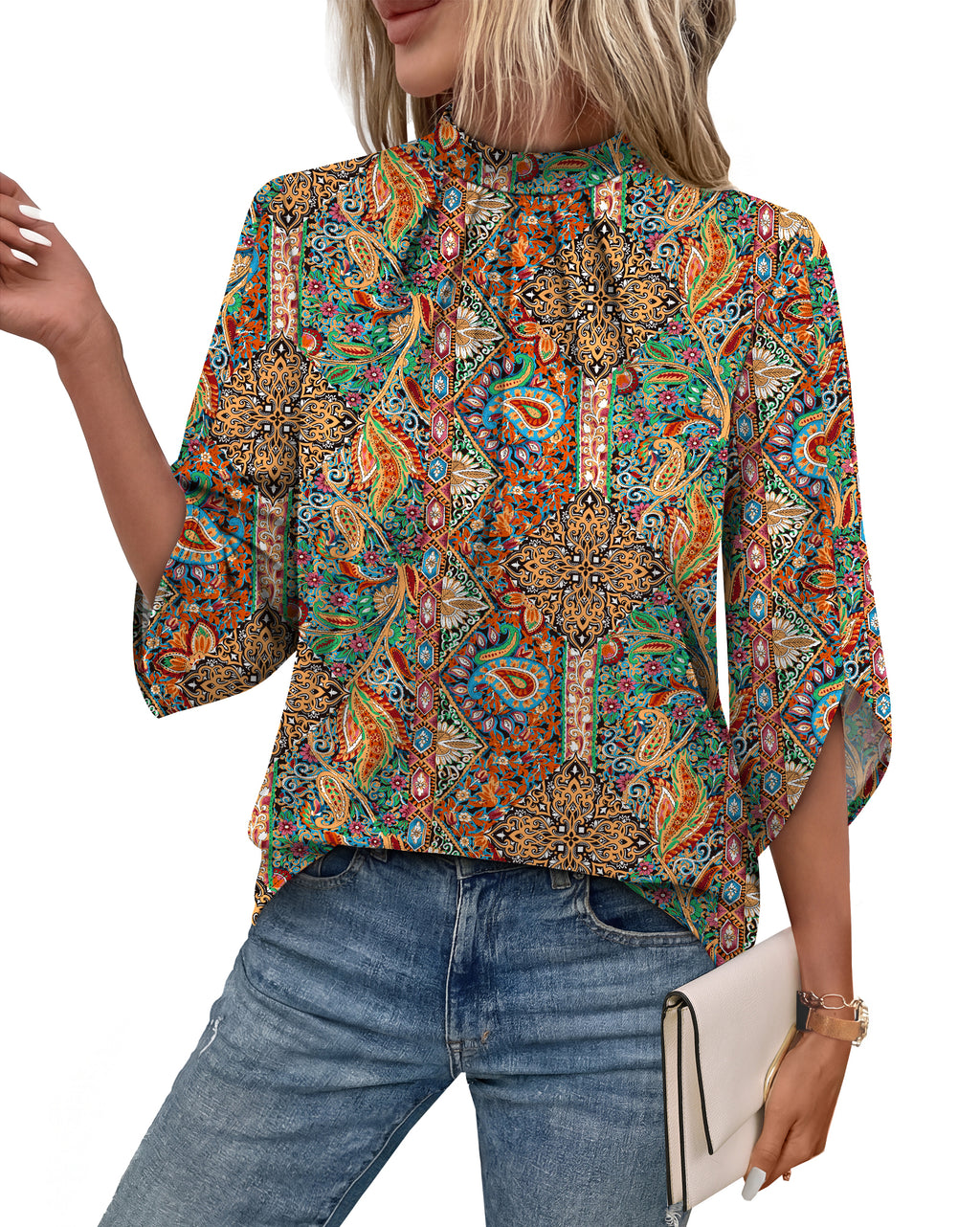 WIHOLL 3/4 Length Sleeve Womens Tops Pleated Front Blouses for Women Trendy Business Casual Outfits Spring Summer Clothes