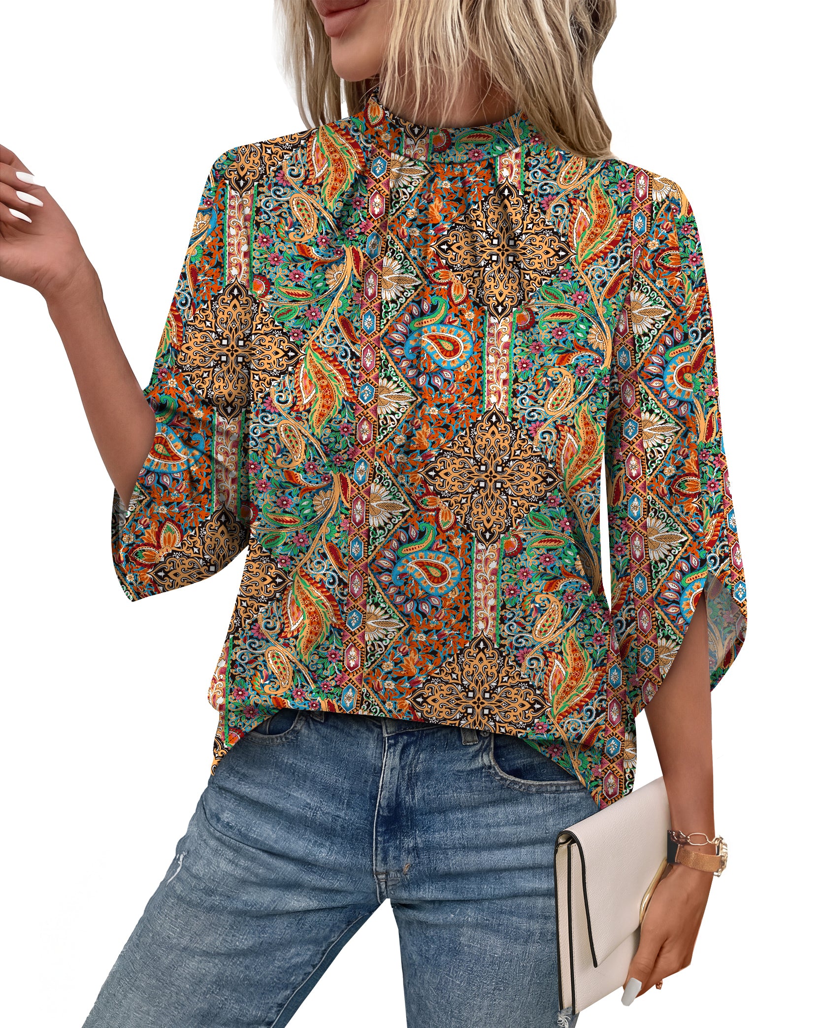 WIHOLL 3/4 Length Sleeve Womens Tops Pleated Front Blouses for Women Trendy Business Casual Outfits Spring Summer Clothes