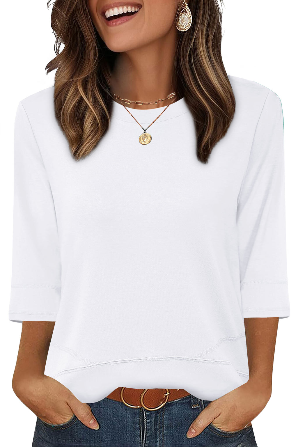 WIHOLL Womens Tunic Tops 3/4 Length Sleeve Blouses for Spring Summer Business Casual Side Slit Crewneck Outfits