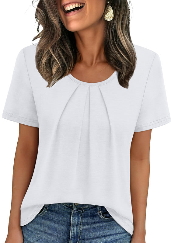 Ronuti Women T Shirts Pleated Short Sleeve Tops Business Casual Dressy Blouses Wine Red Print