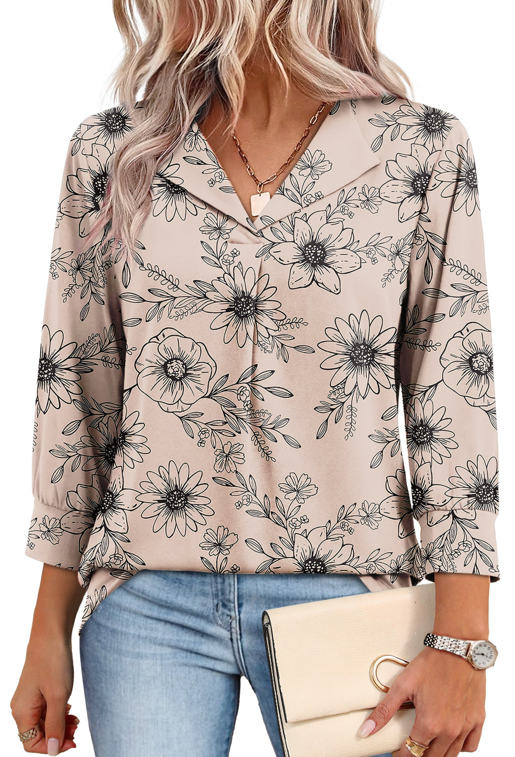 WIHOLL Tops for Women 3/4 Length Sleeve V Neck Lightweight Business Casual Blouses Spring Summer Work Outfits