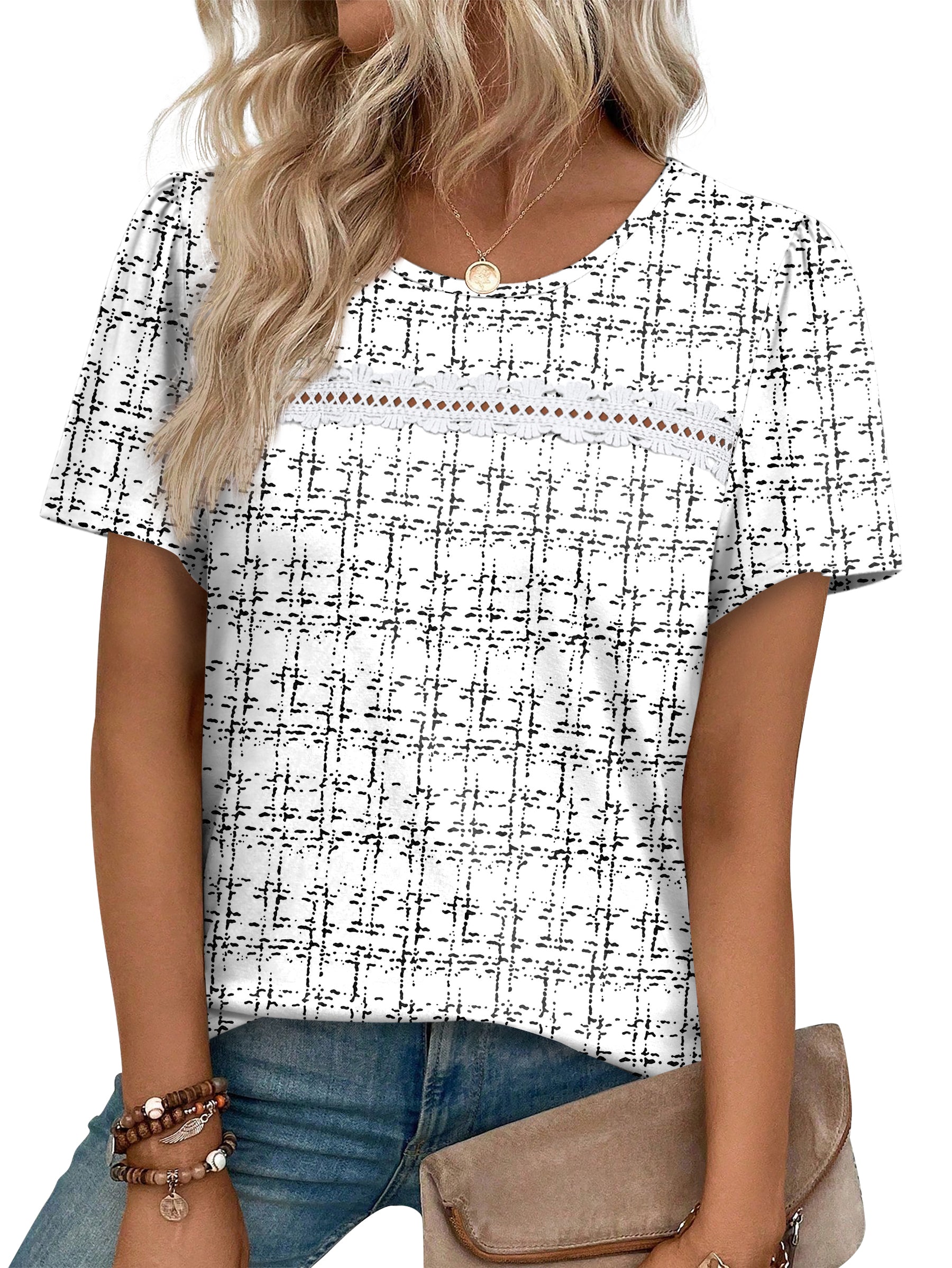 Ronuti Summer Tops for Women Lady Spring Outfits Lace Tunic Floral Casual Short Sleeves T Shirts Flowy Blouses