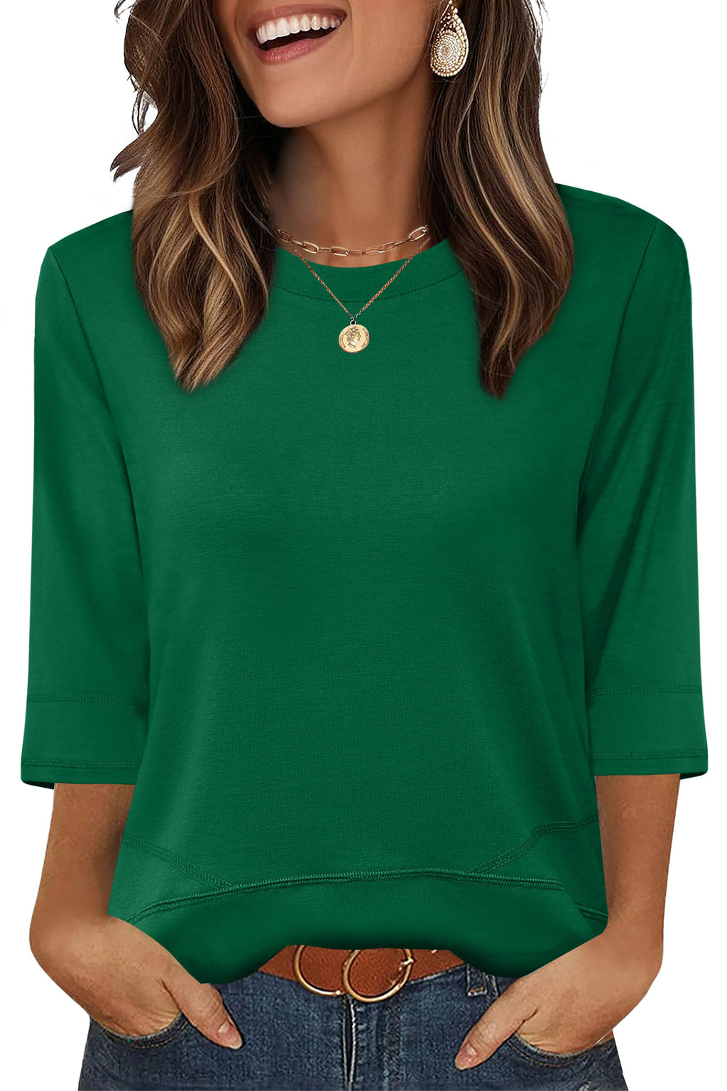 WIHOLL Womens Tunic Tops 3/4 Length Sleeve Blouses for Spring Summer Business Casual Side Slit Crewneck Outfits