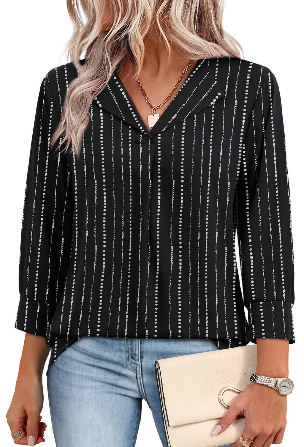 WIHOLL Tops for Women 3/4 Length Sleeve V Neck Lightweight Business Casual Blouses Spring Summer Work Outfits