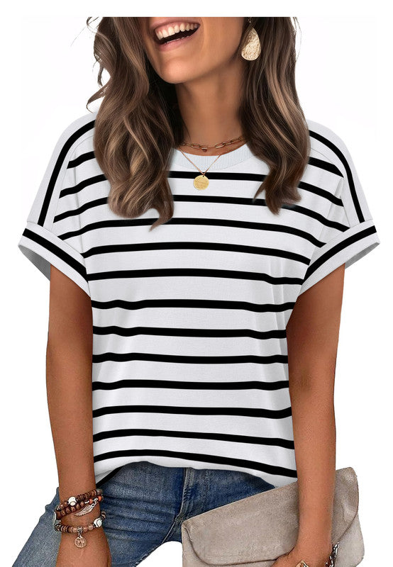 Ronuti Womens Tshirts Short Sleeve Fashion Shirts Summer Tops Fashion Womens Clothes Womens Striped Tshirt