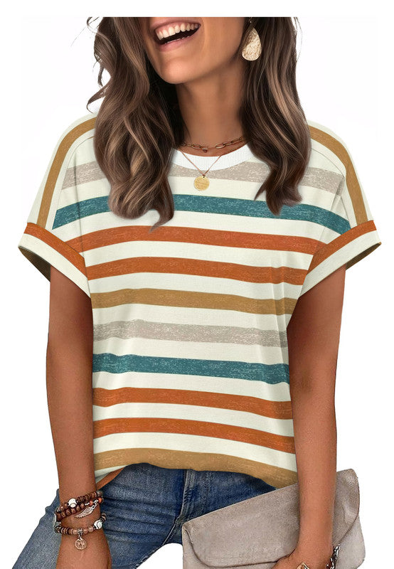 Ronuti Womens Tops Short Sleeve Shirts Summer Tops Dressy Casual Clothes Womens Fashion Striped T-shirts