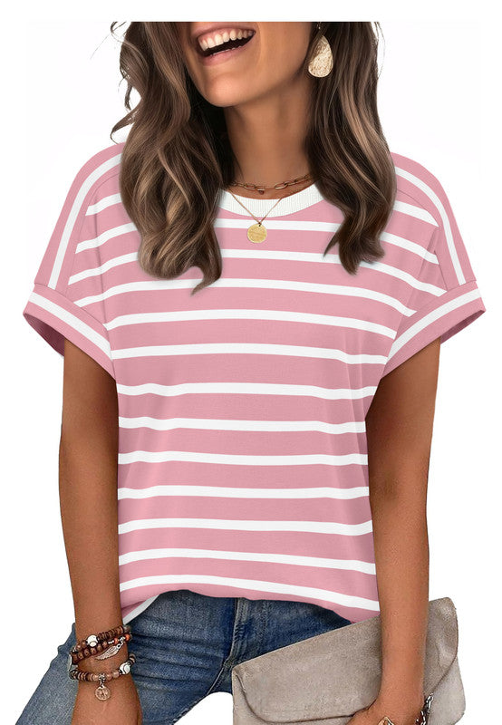 Ronuti Womens Tops Short Sleeve Shirts Summer Tops Dressy Casual Clothes Womens Fashion Striped T-shirts